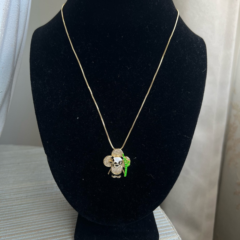 🩷- Gold pavé floral panda Pendant Necklace with Green bamboo accents